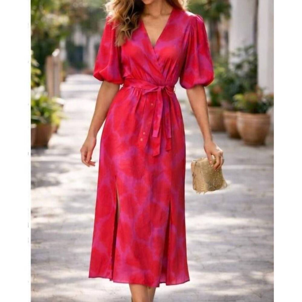 NEW MAGGY LONDON puff sleeve floral midi dress in pink
